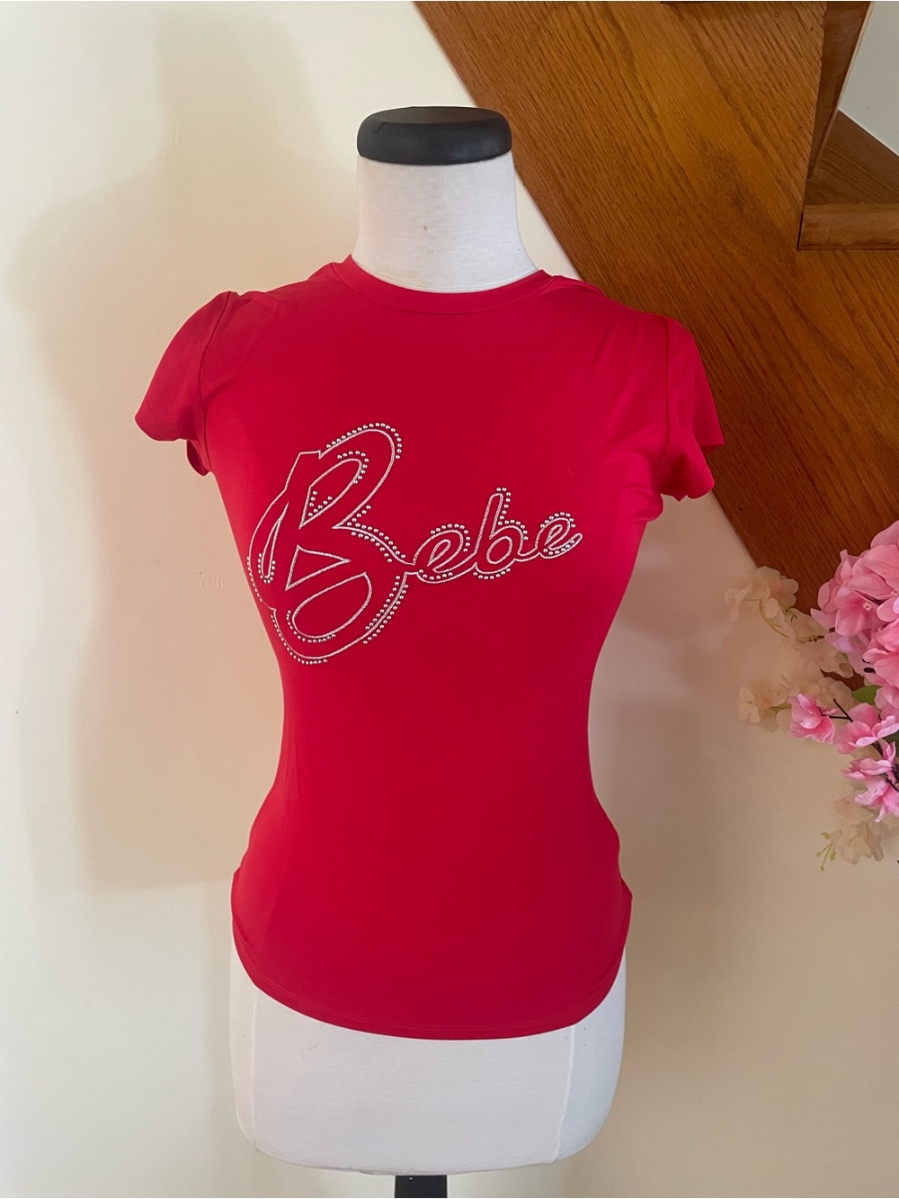 bebe Red Short Sleeve Logo Tee with Crystal Accents